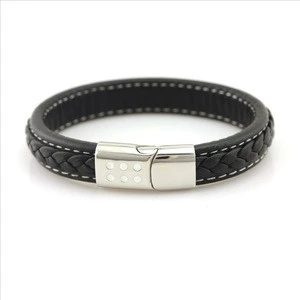 Fashion Black Bracelet Hand Bands Leather for Men with Stainless Steel Magnetic Clasp for Wedding Accessories
