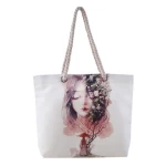 Fashion print heavy duty summer holiday women shopping organic calico cotton canvas beach tote bag with rope handle