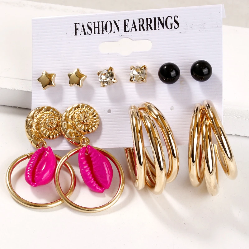 Fashion Women Geometry Earrings Set Acrylic Pearl Drop Earrings Bohemian Leopard Tassel Stud Earrings Set (KER546)