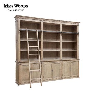 french style display wood bookcase,recycled wood vintage bookcase,country style wood bookcase with ladder