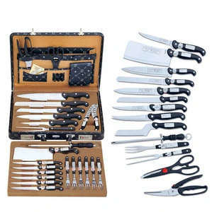 German 24pcs stainless steel kitchen knives set with cheese knife in leather suitcase