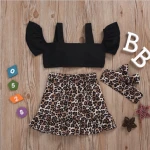 Girl one shoulder top + leopard print single breasted A-line skirt leopard print scarf three piece set
