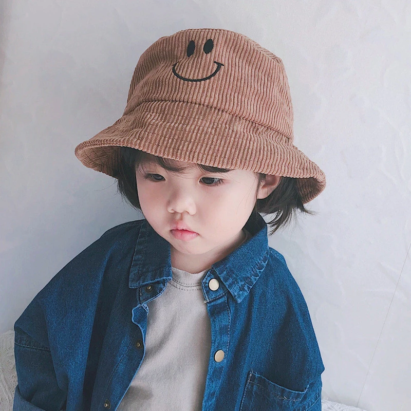 High Quality Children Smile Embroidered Fisherman Hat Baby Girls Smiley Face Cap Sun Solid color Corduroy Bucket Hats For Kids