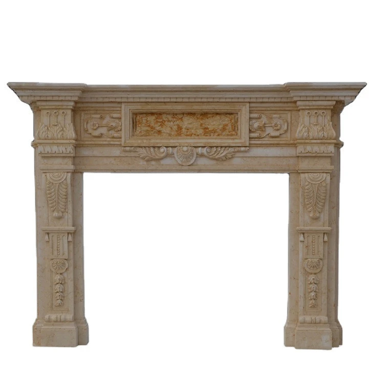 High Quality Hand Carved Indoor Beige Stone Natural Marble Fireplace
