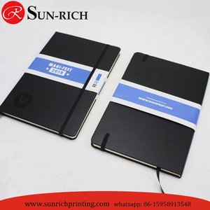High quality promotion gift Custom logo lined A5 black leather notebook with elastic closure