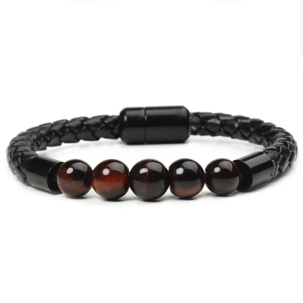 High Quality Vintage Sample Natural Stone Jewelry Tiger Eye Mens Leather Beaded Bracelet