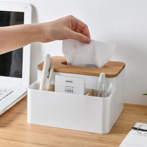 Home Desktop Tissue Box Multi-Function Living Room Bamboo Wood Lid Paper Holder Box Cover Remote Control Hotel Storage Box