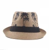 Hot sales outdoor travelling coconut Leaf Print panama straw hat tree beach Fedora jazz straw Hat