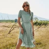 In Stock 2021 Summer Moq 1 Pcs Women O Neck Polka Dot Printed A Line Short Sleeve Midi Dress