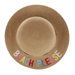 Kids Girls Embroidery Lettering Wide Brim Straw Hat Children Adjustable Strap Straw Beach Floppy Sun Hat Outdoor Beach Straw Cap