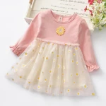 Lace Dress Knitted Long Club Girl's Casual Children's Wear for Little Girls Daisy Flower Sleeve Pink Fall 2020 Baby Dresses