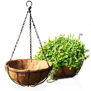 Metal Hanging Planter Basket With Coco Coir Liner 12 Inch Round Wire Plant Holder With Chain