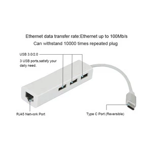 Mini Portable USB 2.0 Hub Type C to RJ45 Ethernet Gigabit Lan 3 Ports USB Adapter Support for Windows 7/8