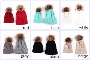 N1489 2pcs/set Parent Child Caps Pure Color Winter Cap Warm Knitted Thicken Cap Pom Pom Hats Beanie Mom Baby knitted Hats