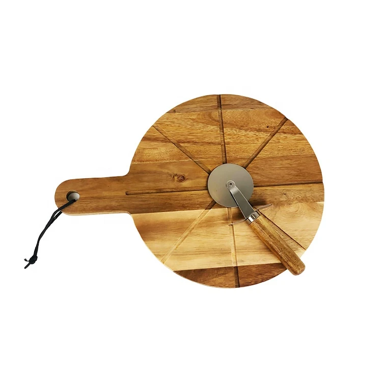 Natural Round Shape Acacia Wood Bamboo Pizza Peel Paddle Shelf Cutting Board with Cutter