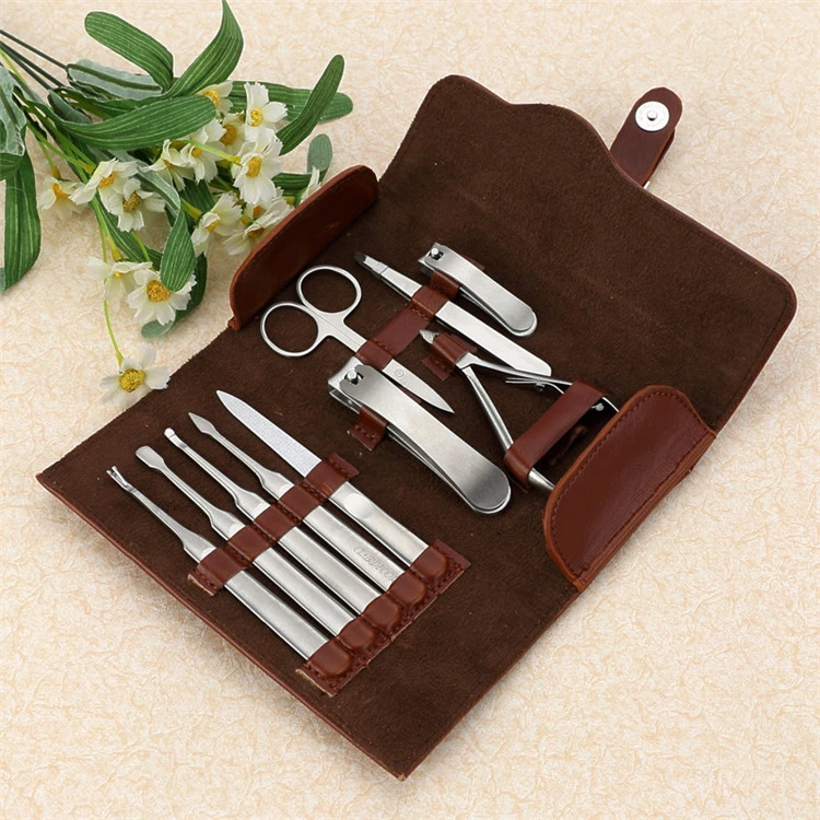 New 10 in1 New Unisex Women Men Manicure Grooming Set Kit Nail Clipper Luxury Genuine Brown Leather Case Groom&travelling Kit