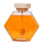 New Clear Hexagon Glass Muth Honey Jar with Wooden Cap for Juice Storage