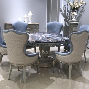 New Design Luxury Carving Round Solid Wood Marble Dining Table And Chair Set