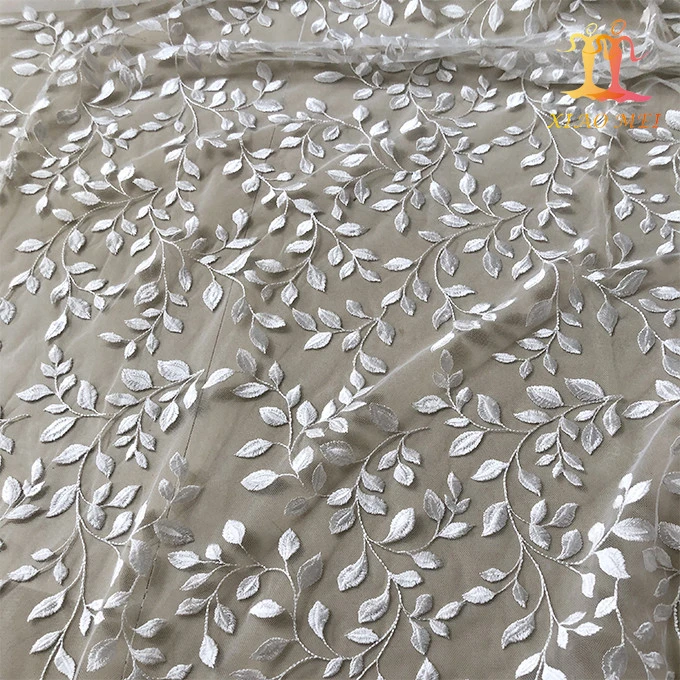 New style chemical 100%  polyester leaf pattern floral wedding embroidery lace fabric XM-BF0094
