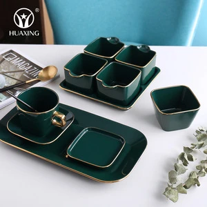 Nordic style gold rim ceramic coffee tea cup sets porcelain with tray luxury for afternoon tea set