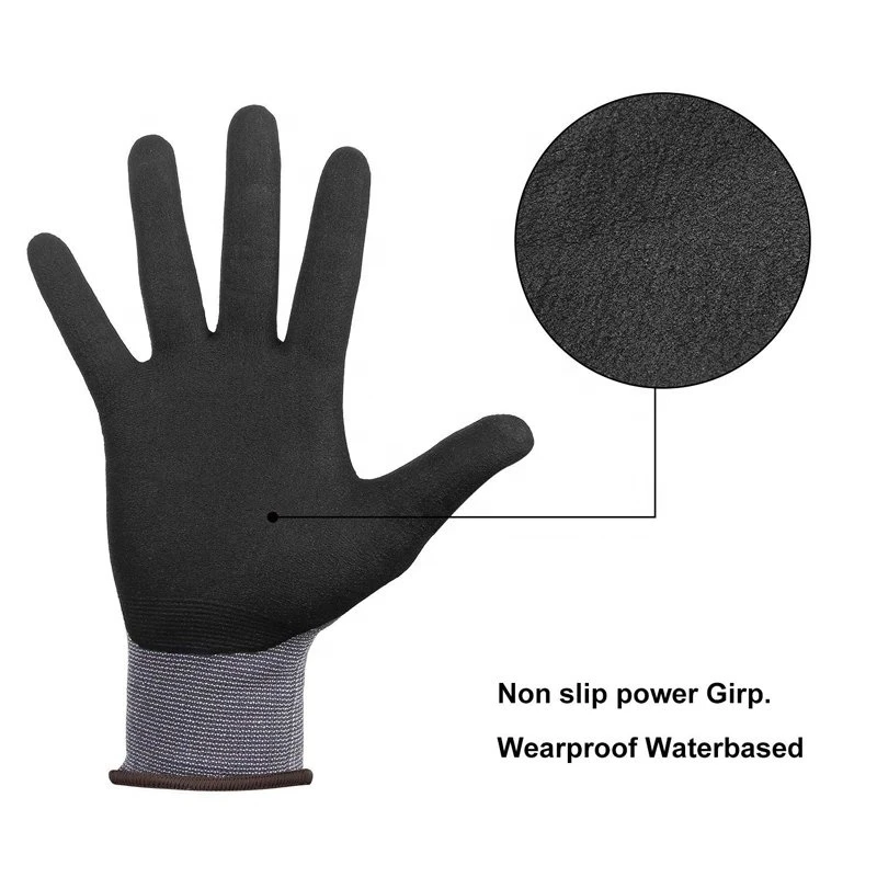 Nylon And Spandex Knit Water Resistant Durable Black Nitrile Palm Coated Industrial Work Gloves