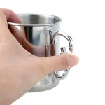 Portable Durable Space-saving 250ml Stainless Steel Mug +Foldable Self-lock Carabiner Handle Outdoor&Camp Folding Handle Cup