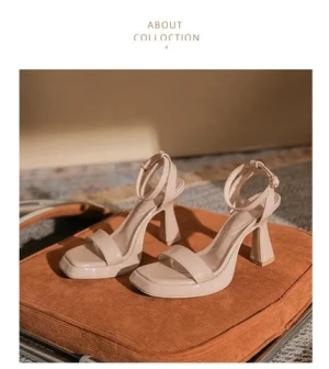 professional suppliers ladies  summer high heel pumps patent leather ankle strap kitten chunky heel shoes
