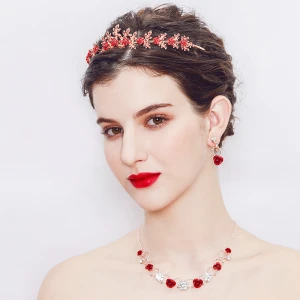 Red rose Flower Necklace Crystal Earring Jewelry Sets China Bridal Jewelry