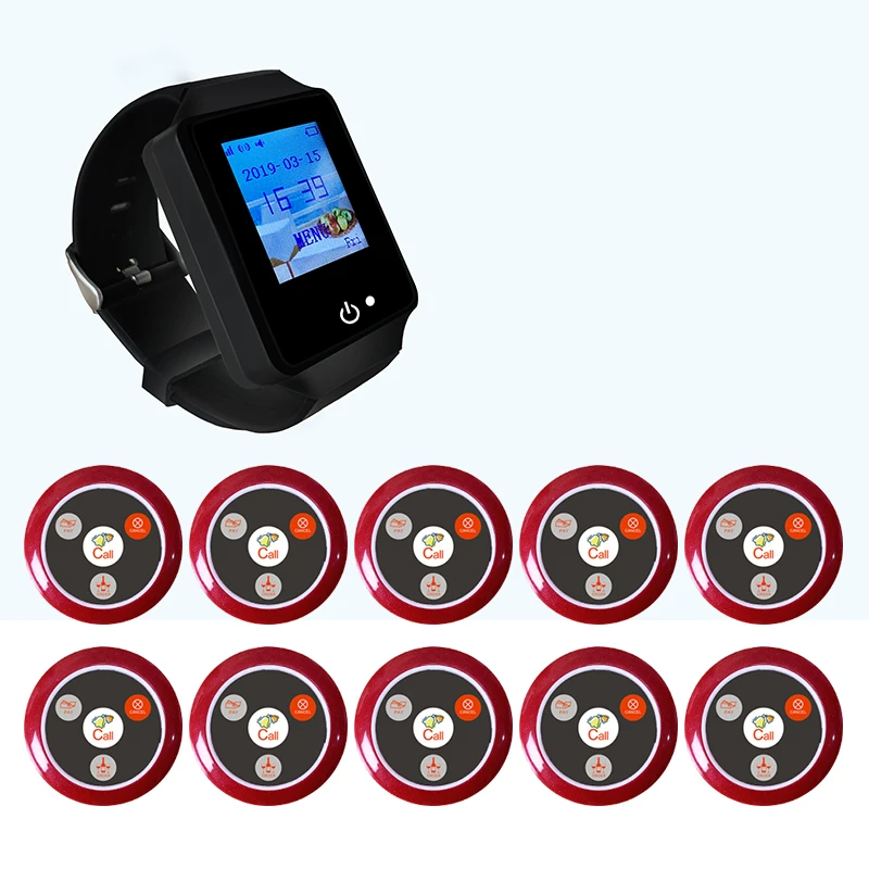 restaurant waiter paging system alarm waterproof watch receiver with 10 pagers call button and customized logo