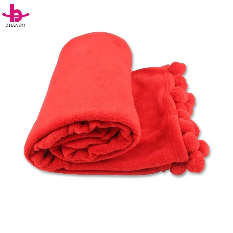 Ribbon and Color Insert Packaged Blue Red Color Multifunction Washable Comfortable Coral Fleece Blanket with Pompons