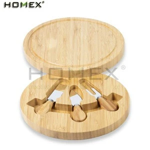 Round Bamboo Cheese Board with Knife Set Cheese Tools Cheese Serving Platter/Homex_FSC/BSCI Factory