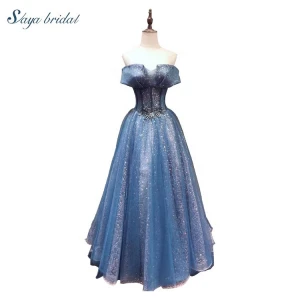 Shinning light blue sleeveless a-line necked backless floor length dinner ball gowns bridal maid wedding dress