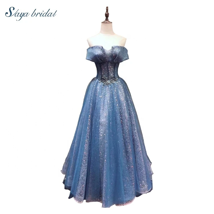Shinning light blue sleeveless a-line necked backless floor length dinner ball gowns bridal maid wedding dress