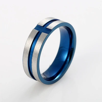 Silver Insertion Blue Cross Stainless Steel Rings