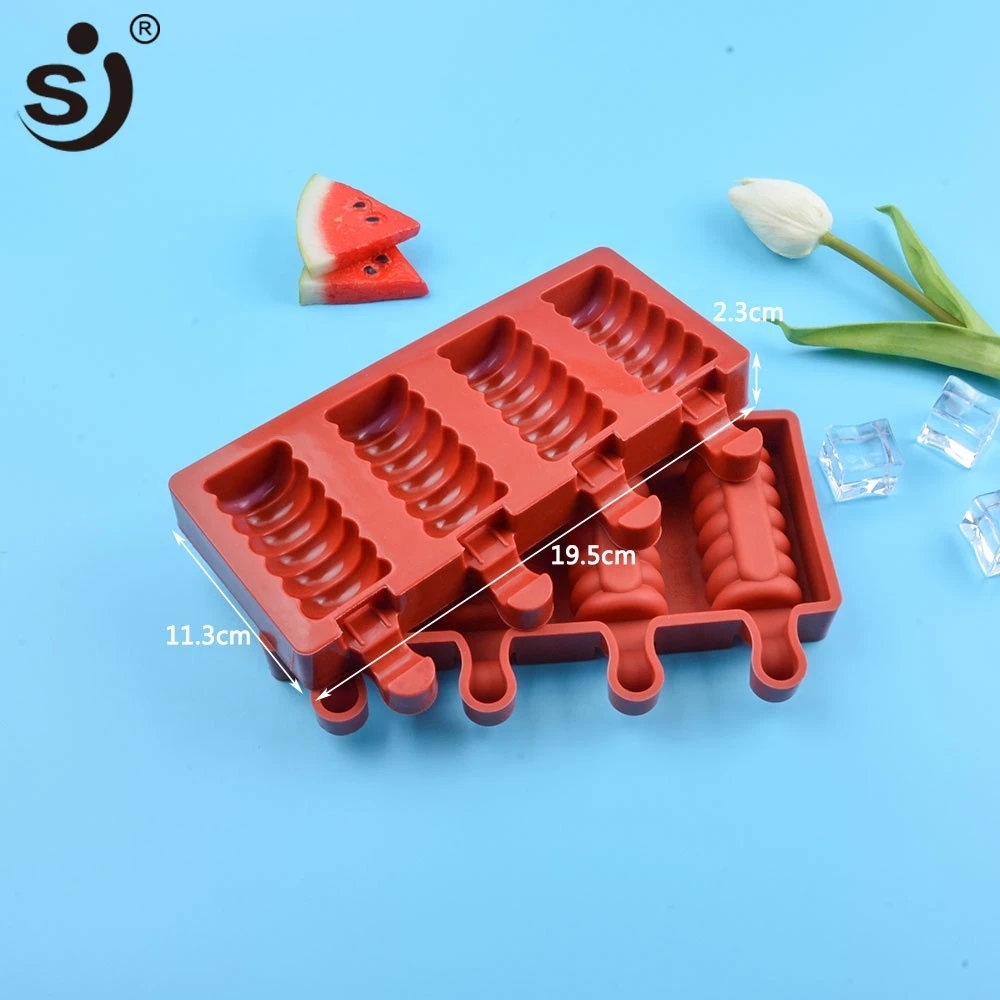 SJ 4 Cavities Ice Cream Mold DIY Kitchen Homemade Ice lolly Moulds With Popsicle Sticks BPA Free Easy to clean