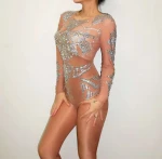 Sparkly Silver Bodysuit Dance Sexy Diamond Lace Pearl Nude Style Sparkling Wear Women