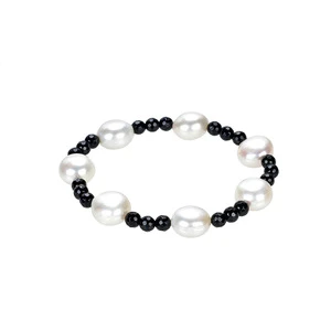 V3 Jewelry 10-12mm White Freshwater Cultured Pearl and Black Onyx Stretchable Bracelet