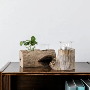 Votive Tea Light Candle Holder with 2 Glass wooden planter pot