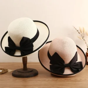 Wholesale Beach Hat Black Ribbon Sun Hat Woman Straw Paper Hat