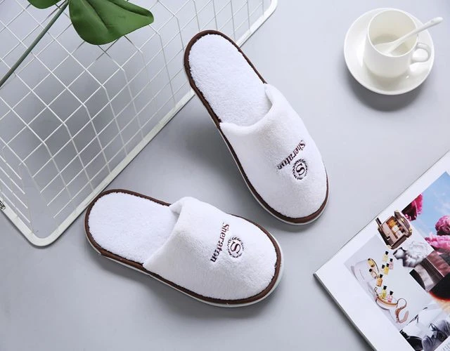 Wholesale cheap indoor embroidered white hotel coral plush slippers