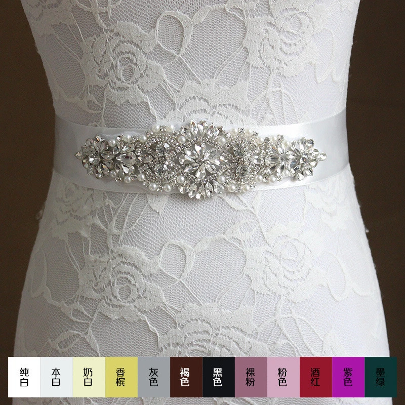 Wholesale Crystal Bridal Sash Wedding Dress Belt Crystal Rhinestone Pearl Applique Silver Beaded Patch Bridal Sash LSBS003