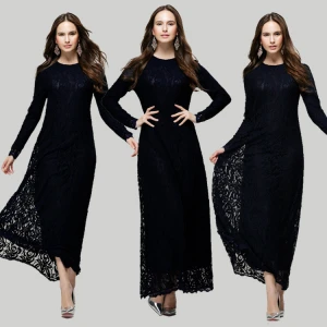 Wholesale Womens Muslim Dress Loose Lace Solid Color Robe Clothing Abaya Islamic Arab Kaftan Maxi Dresses