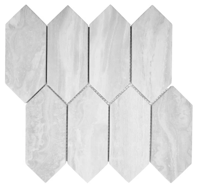 Wholesales white color Elongated Hexagon marble look enamel big picket recycled glass mosaic for back splash wall