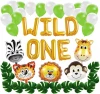 Wild One Birthday Decorations Kit Artificial Palm Leaves Animal Balloons Safari Zoo Jungle Themed Baby 1st Bday Party Supplies