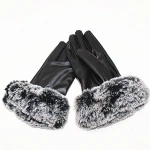 Women PU Leather Gloves Suede Velvet Winter  Warm Gloves Faux Rabbit Fur Warm Outdoor Touch Screen Black Gloves Mittens M0471