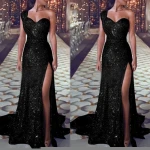 women's  one-shoulder sleeveless bronzing wedding dress slit maxi sequins evening dresses
