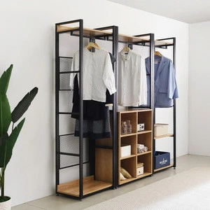 wood plank closet wardrobe bedroom metal and wooden industrial style open box 6-room wardrobe set