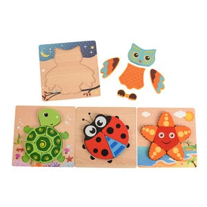 Wooden Animals Primary Chunky Jigsaw Puzzles- Easy Grasp Toy for Toddlers: Owl.Turtle.Ladybug.Starfish
