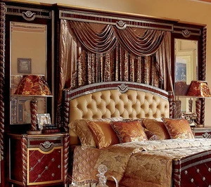 YB26 traditional antique mahogany super king size master solid wood bedroom furniture Arabic bedroom set with background screen
