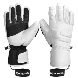 KUTOOK Snow Gloves Men with HIPORA Waterproof Membrane Goatskin Palm 3m Thinsulate White